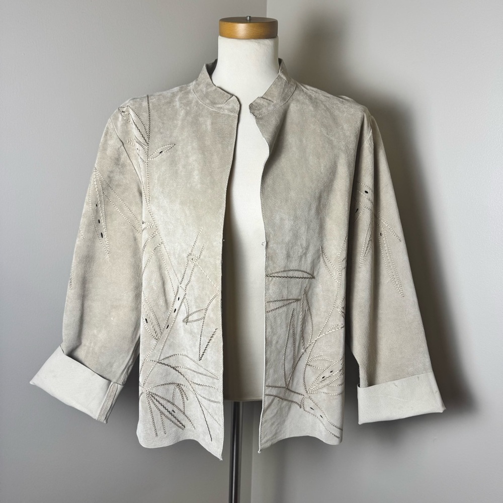 FANTAZIA Laser Cut and Embroidered Raw Edge Lightweight Suede Jacket ECRU / XL